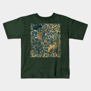 Greenery Forest Animals - Pheasant and Fox Blue Green Floral Kids T-Shirt